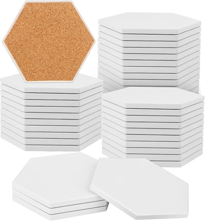 30 Pieces 3.75 Inch Hexagon Blank Ceramic Coasters, Unglazed Ceramic Tiles by GNIEMCKIN