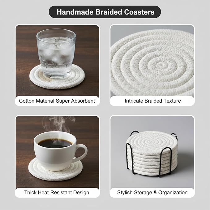 Drink Coasters Set of 8 with Holder, Cotton Woven | Absorbent cotton woven - Image 5