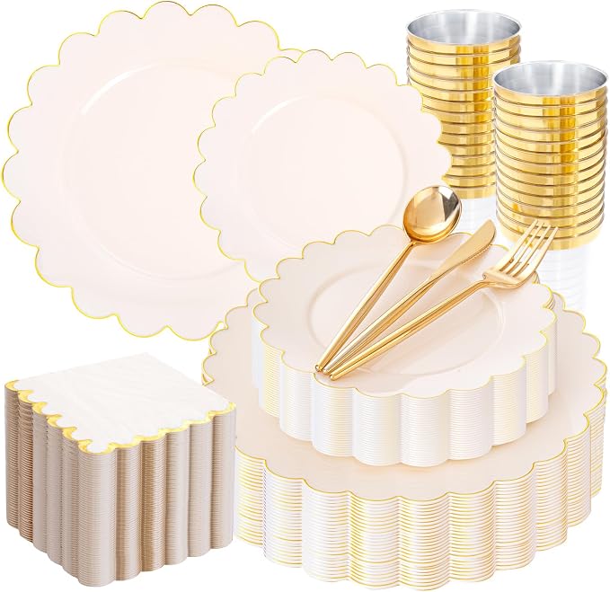 LIYH 210Pcs Ivory Scalloped Plastic Plates, Elegant Platos Desechables Elegantes by LIYHLoveinyourheart