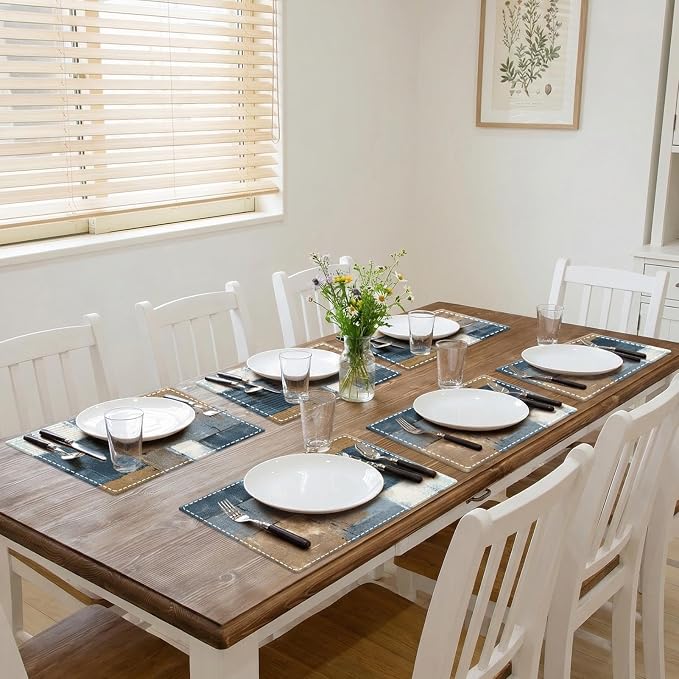 Emvency Farmhouse Placemats Set of 6, 12x18 Inch, Geometric Blue Brown | - Image 5