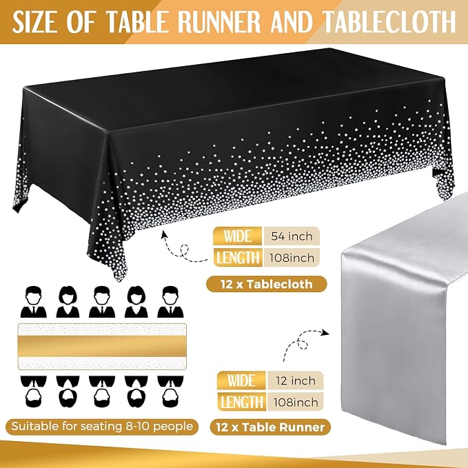 24 Packs Black and Silver Disposable Plastic Tablecloths and Satin Table Runner - Image 2