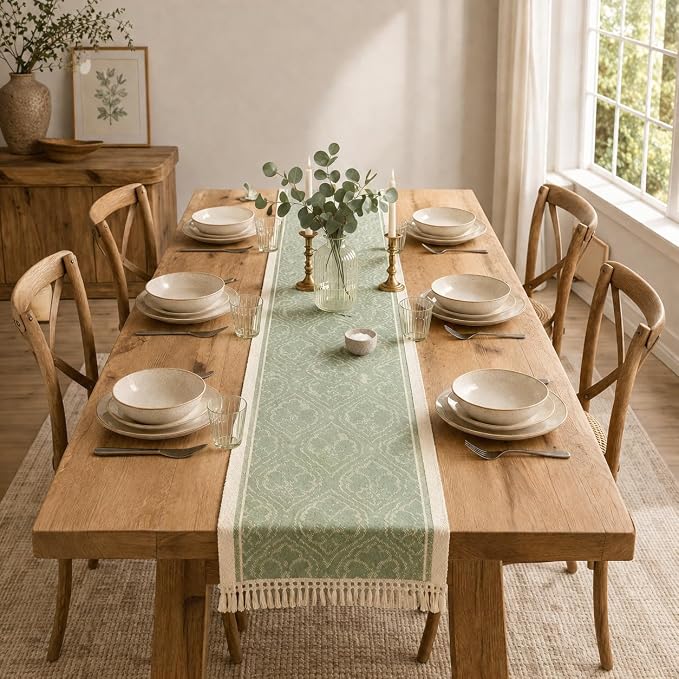 14x95 Botanical Table Runner Waterproof Floral Vine Boho Tassels | Hosting a by UWWGKK