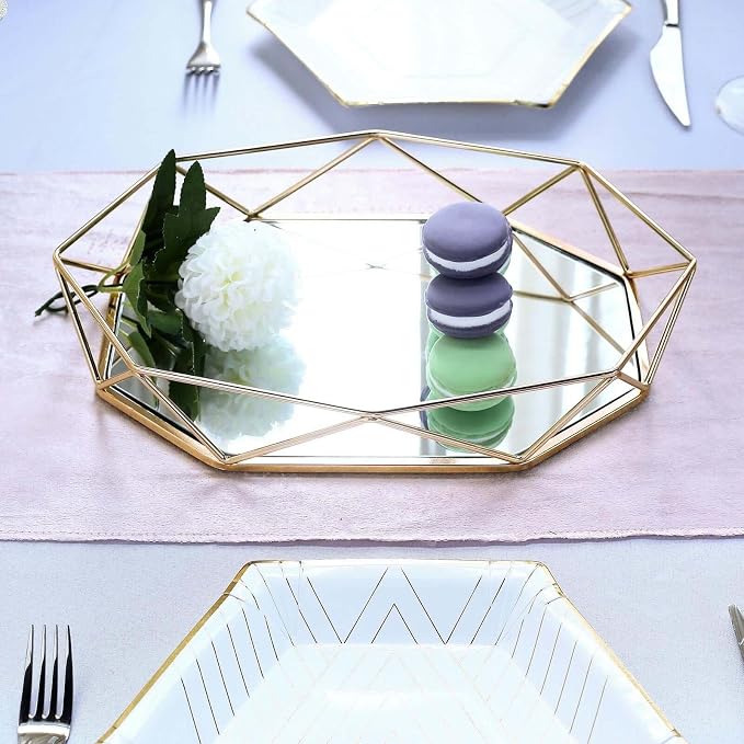 Efavormart 14" x 9" Gold Metal Geometric Serving Tray | Octagon Mirror Tray - Image 9