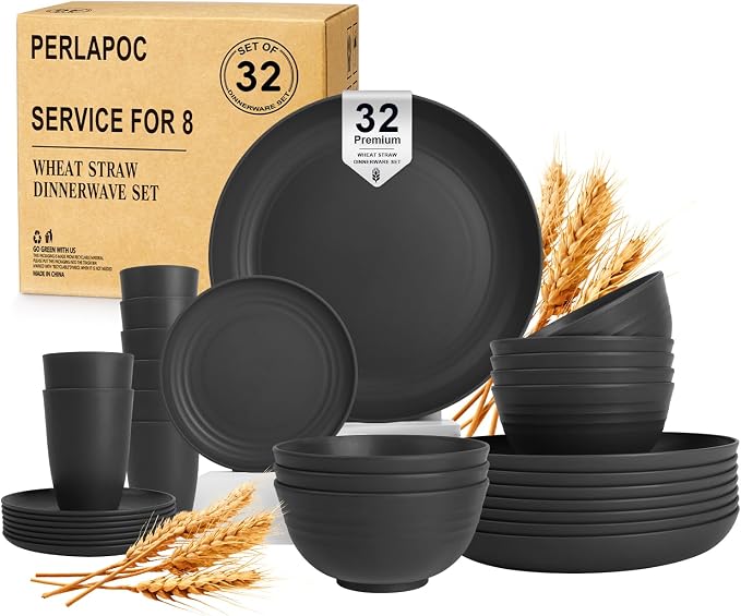 Wheat Straw Dinnerware Sets for 8, Reusable Dinnerware Set for Kitchen Outdoor by Perlapoc