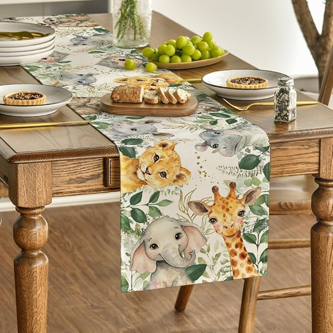 Artoid Mode Animals Elephant Giraffe Baby Shower Table Runner, Seasonal Spring - Image 3