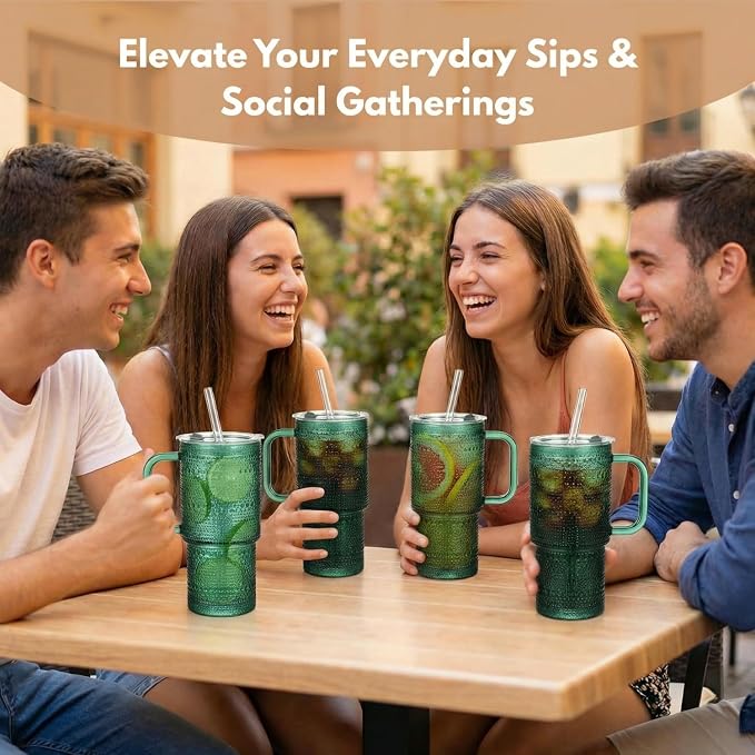20 oz Green Glass Tumbler with Lid and Straw, Glass Iced Coffee Cups, - Image 7