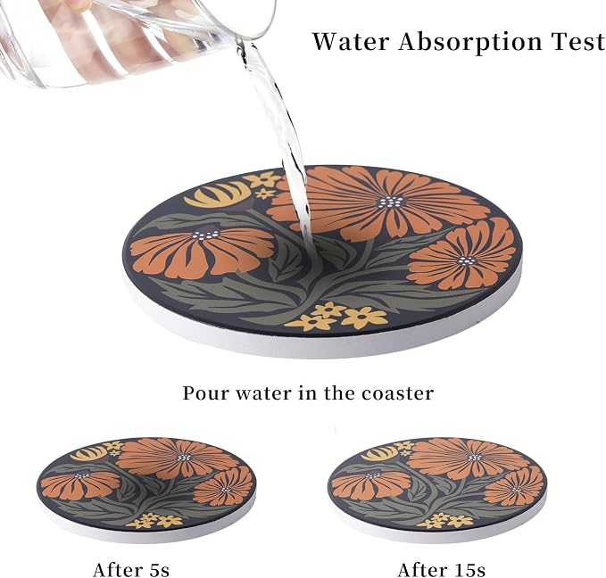 Ceramic Coasters Absorbent Non Slip 6pcs 4 Inch Artistic Flower | Drink Coaster - Image 4