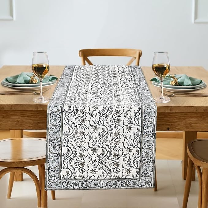 Baby Blue Eyes Hand Block Print 100% Cotton Reusable Table Runner 16" X 70" by Ridhi