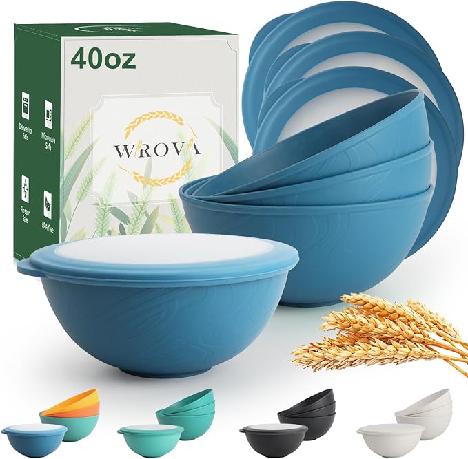wheat straw bowls with lids set of 4, 40oz cereal bowls with covers, by WROVA