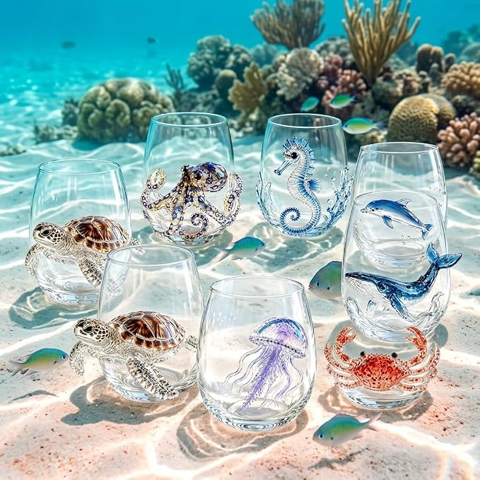 Artisanal Blue Ringed Octopus Glassware, 3D Ocean Glass Wine Glass SeaTurtle | - Image 7