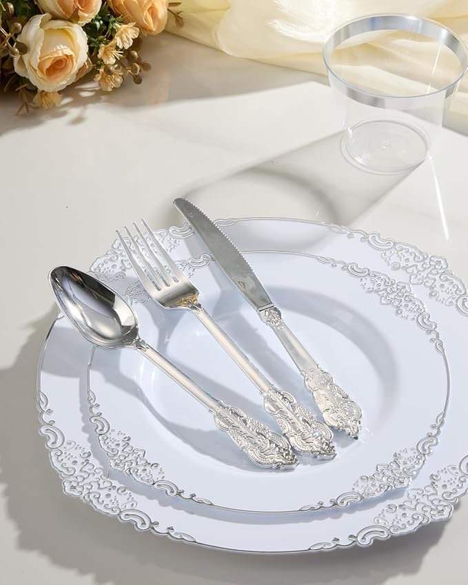 350 Piece Silver Plastic Dinnerware Set - Image 6