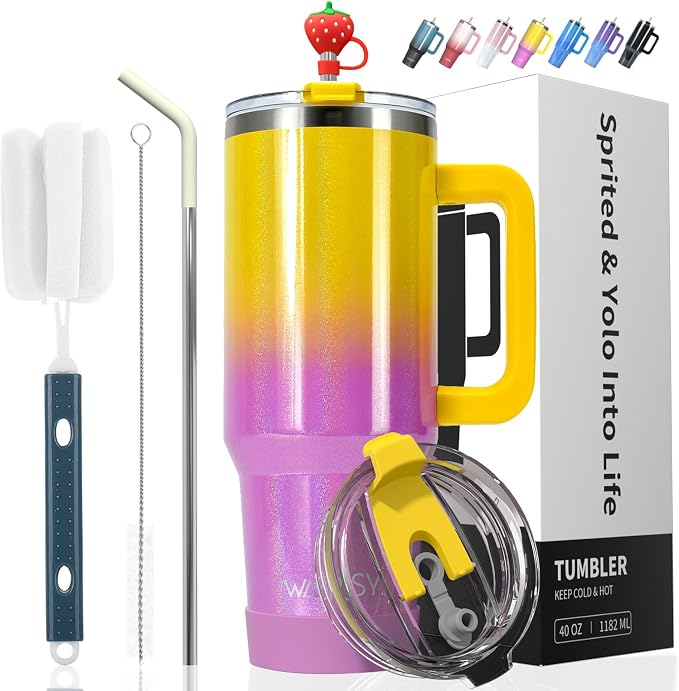 30 oz Shiny Tumbler with Handle and Straw, Stainless Steel Tumbler with Lid and by Watersy