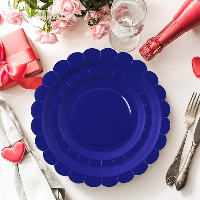 50 Pcs Blue Scalloped Paper Plates 25 × 7'' and 25 × 9'' Disposable Blue - Image 2