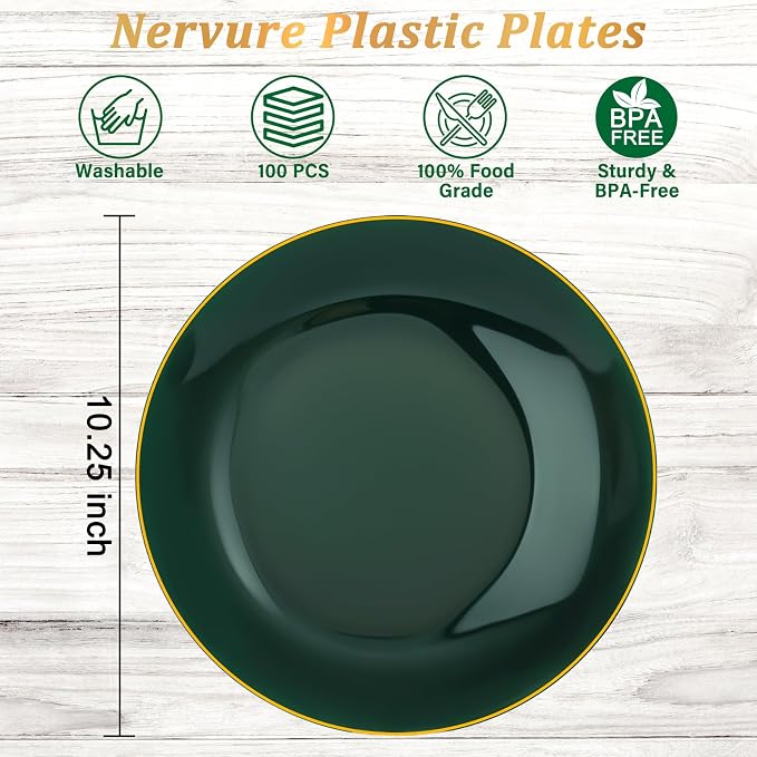Nervure 100PCS Green and Gold Plastic Plates 10.25″ Disposable Dinner Plate | - Image 9