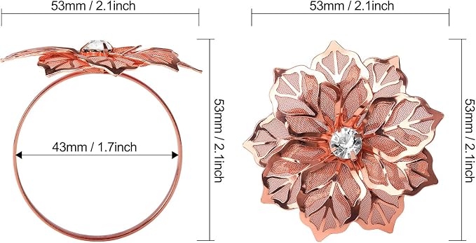 KPOSIYA Flower Napkin Rings Holder Metal Rose Gold Napkin Rings Set of 12 - Image 3