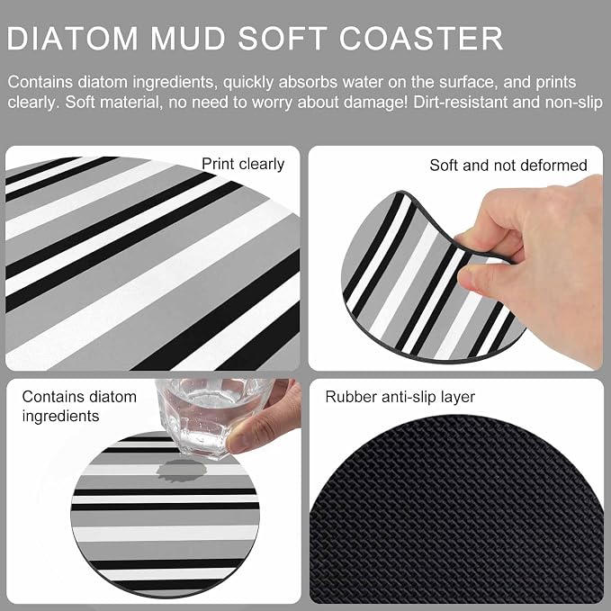 Black Gray Striped Coasters Set of 2, Contemporary Minimalist Lines Art Soft - Image 9