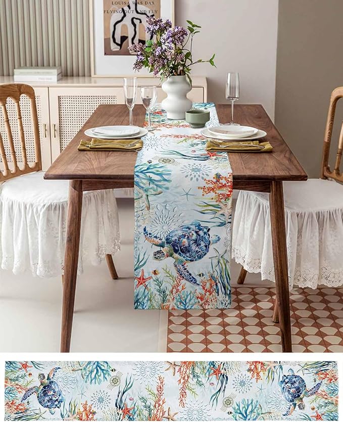 Sea Turtle Coastal Table Runners 72 Inches Long, Summer Beach Coral Table - Image 6