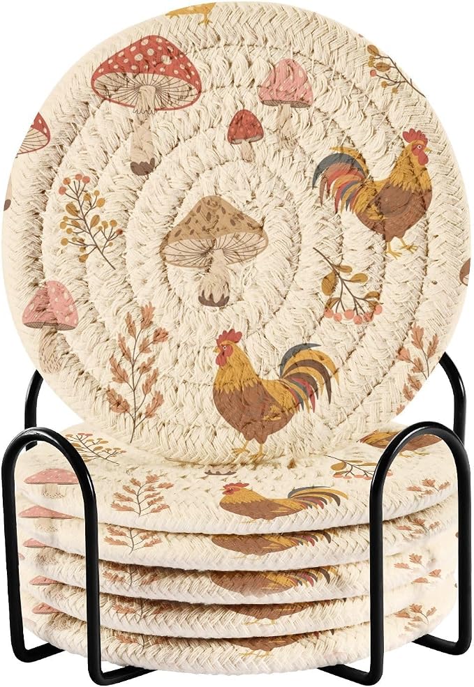 Fall Rooster Mushroom Beige Print Coasters by Unknown