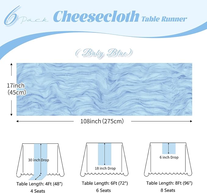 6 Pack Baby Blue Cheesecloth Table Runner, 17 x 108 inch, Semi Sheer Boho - Image 3