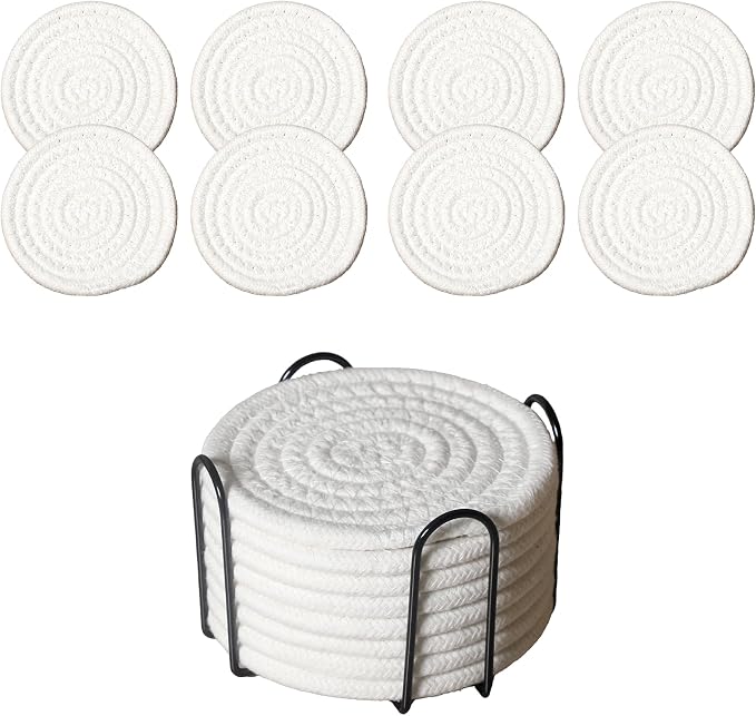 Drink Coasters Set of 8 with Holder, Cotton Woven | Absorbent cotton woven by Unknown