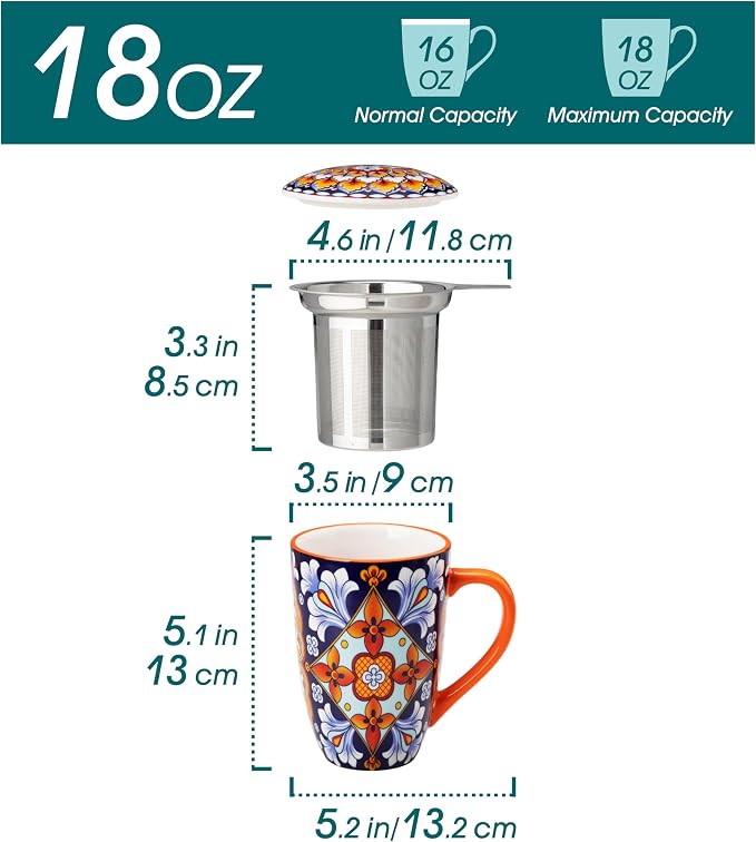 vancasso Ceramic Tea Mug with Infuser and Lid, 18 Ounce Bohemian Loose Leaf Cup - Image 2