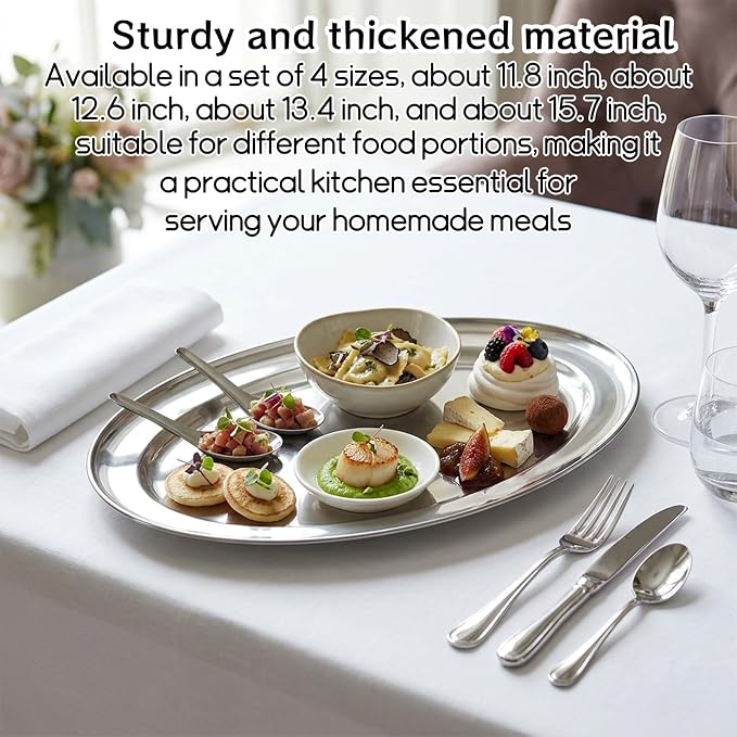 4 Pcs Stainless Steel Serving Tray, 11.8" 12.6" 13.4" 15.7" Heavy Duty Metal - Image 5