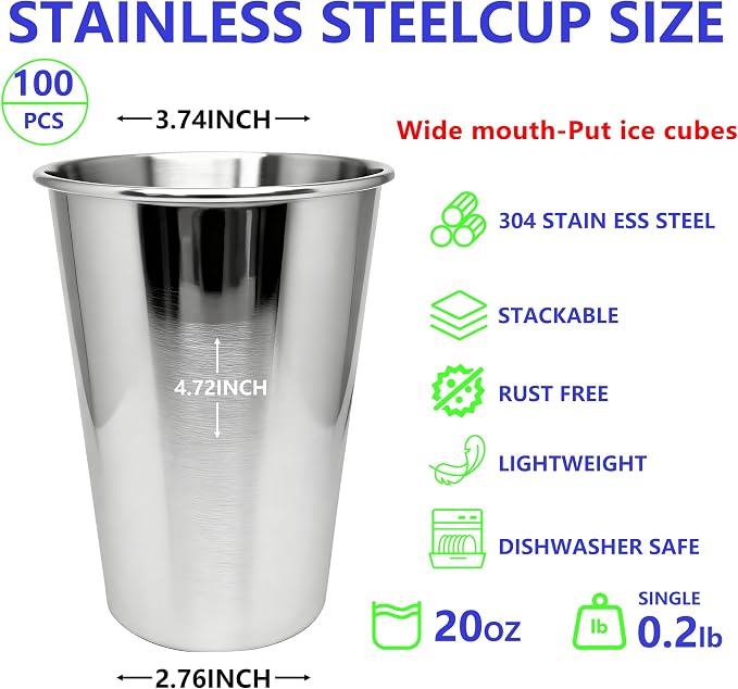 20oz 100PCS Stainless Steel Pint Cups, Reusable metal Cups, Drinking | Pint - Image 3
