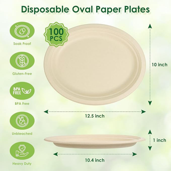 100pc Disposable Oval Paper Plates, 12.5" Biodegradable Compostable Heavy Duty - Image 2