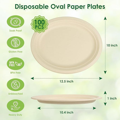 100pc Disposable Oval Paper Plates, 12.5" Biodegradable Compostable Heavy Duty - Image 2