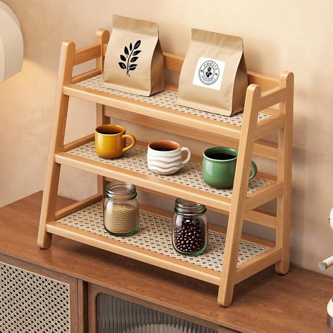 Three Tier Wooden Storage Shelf, Bamboo Ladder Shelf, Desk Tabletop Rack - Image 2