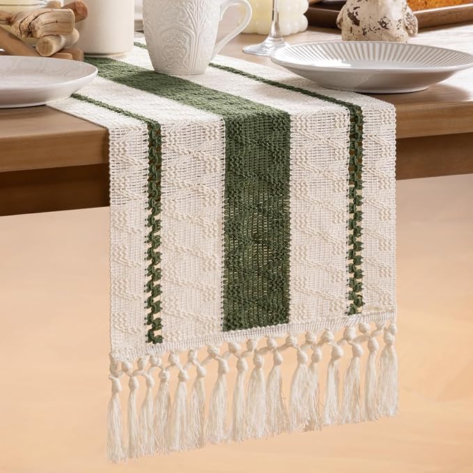 MLMW Boho Table Runner 72 inches Olive Green&Ivory Small Coffee Table Runner - Image 7