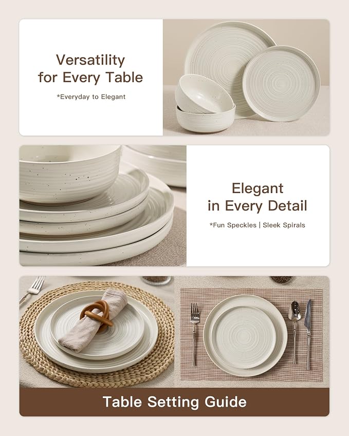 Stoneware Dinnerware Sets for 4, Plates and Bowls, Cream | 12-Piece Ceramic - Image 4