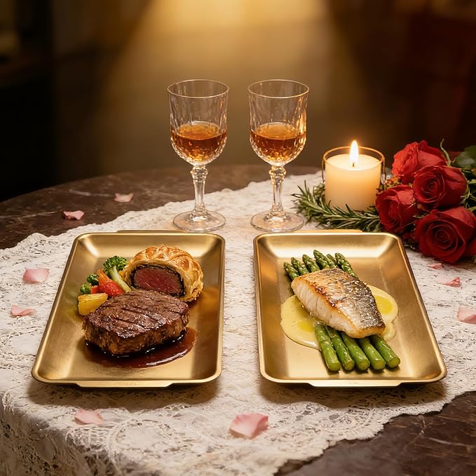 2Pcs 304 Stainless Steel Food Serving Trays, 12.6" Rectangular Gold Platters - Image 4