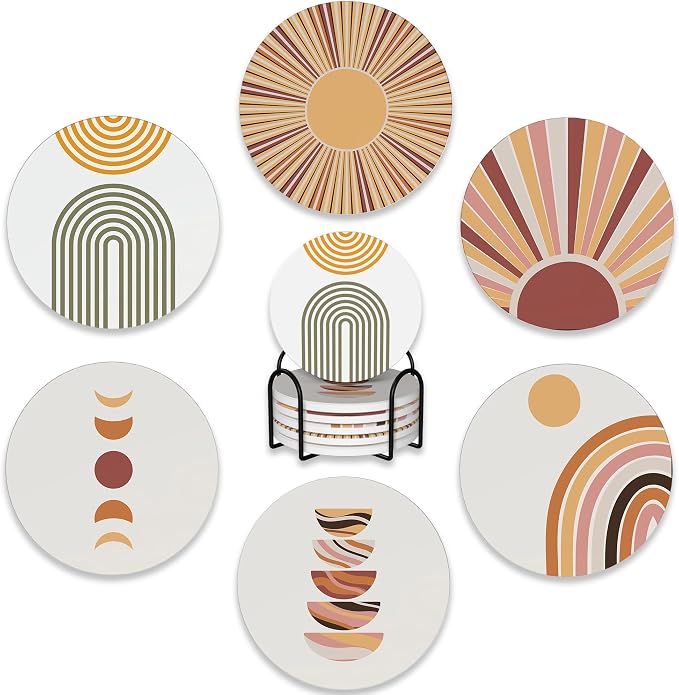 6 Pcs Coasters for Drinks with Holder, Minimalist Geometric Boho Absorbent by BUYIDUI