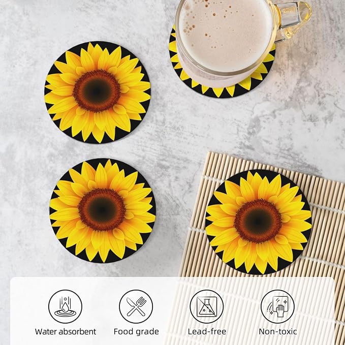 Sunflower Coasters Set of 4, Absorbent Ceramic Drink Coasters Cup Mat - Image 5