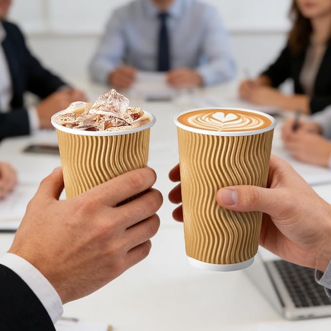 Clawsoff 500 Pack 16oz Insulated Disposable Paper Coffee Cups Champagne | Thick - Image 5