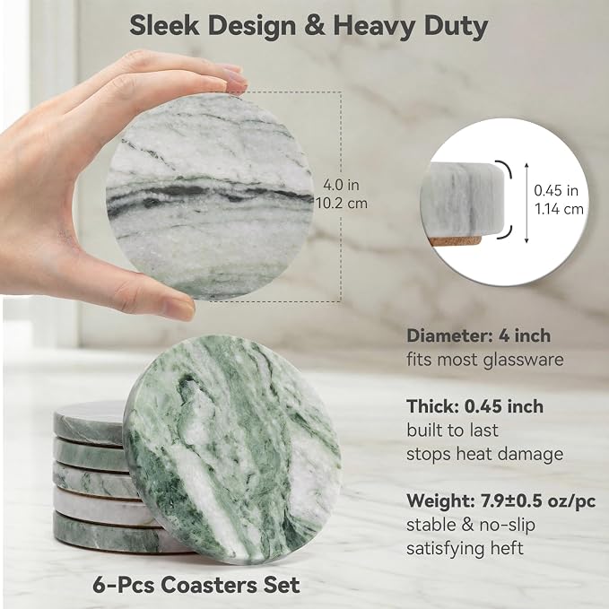 Sage Green Marble Coasters Set of 6, Elegant Green & White Coasters - Image 3