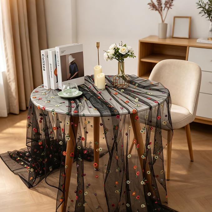 BINBE 3pcs Black Daisy Spring Table Runner Embroidery Gauze 10FT Florals - Image 5