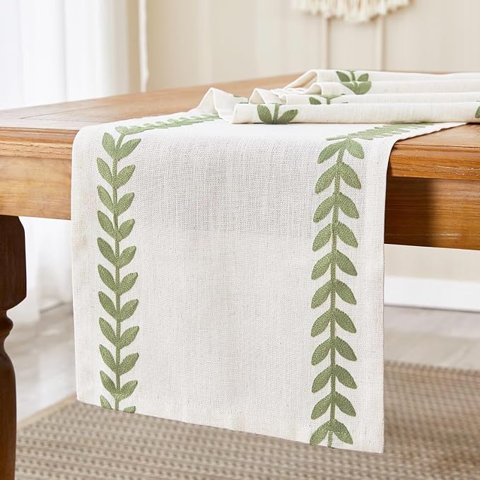 Embroidered Table Runner, Light Green Table Runners 72 Inches Long | Linen - Image 5