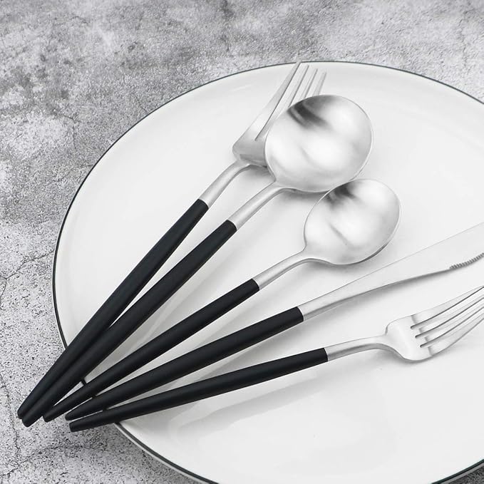 Black Handle Matte Silver Silverware Set - Image 5