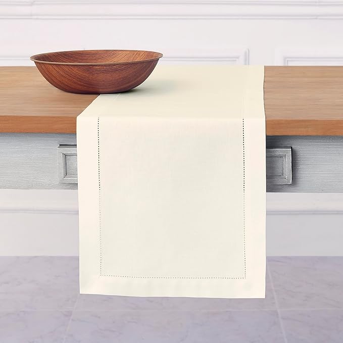 Solino Home Cotton Linen Dining Table Runner Ivory Hemstitch, 14 x 120 in | by SolinoHome
