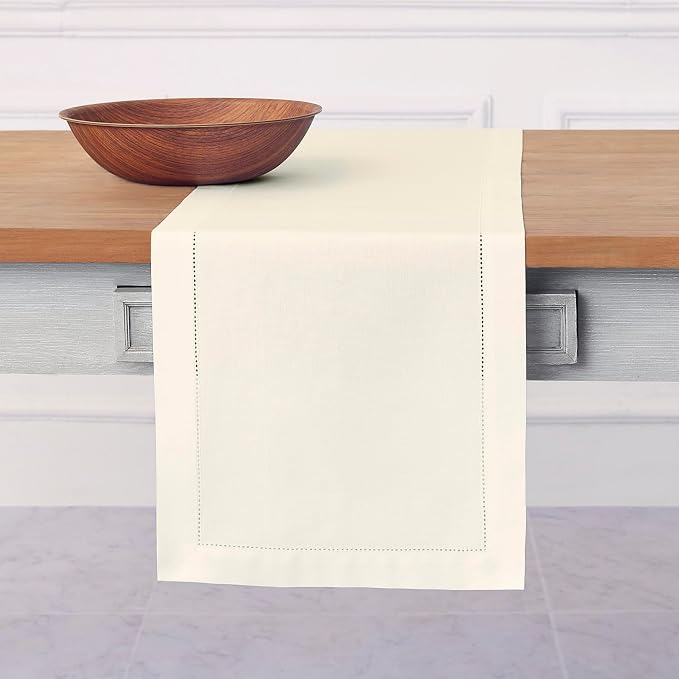 Solino Home Cotton Linen Dining Table Runner Ivory Hemstitch, 14 x 132 in | by SolinoHome