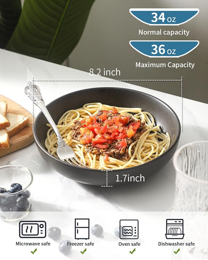 Stoneware Pasta Bowls, 34 oz Large Salad Bowl Set of 4, Ceramic Serving Bowls - Image 4