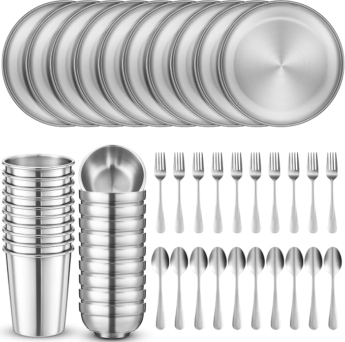 Jinei 50 Pcs Stainless Steel Dishes Set 10 Stainless Steel Plates, 10 Bowls by Jinei