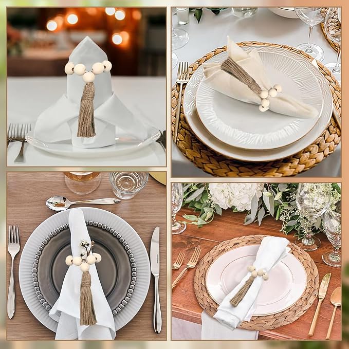 Wooden Bead Napkin Rings Set of 6, Farmhouse Stretchable Napkin Rings - Image 7