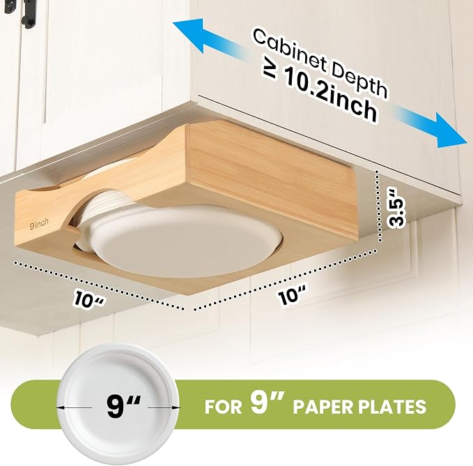 9-inch Paper Plate Dispenser Under Cabinet, Bamboo Paper Plate Holders - Image 2
