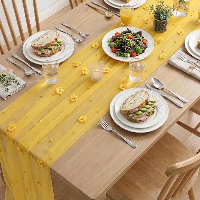 Artoid Mode Yellow Flower Pearl Yellow Gauze Table Runner 10FT 6PC, Seasonal - Image 5