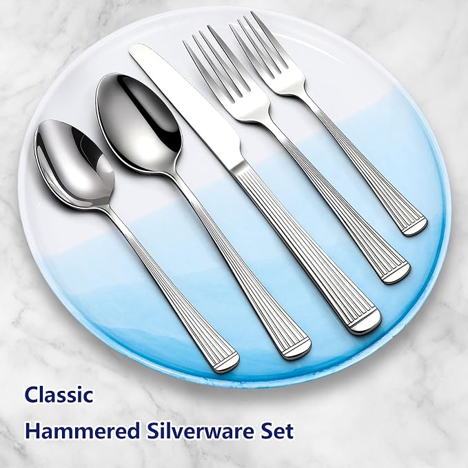 Yoehka 60Piece Hammered Silverware Set, Stainless Steel Flatware Set - Image 3