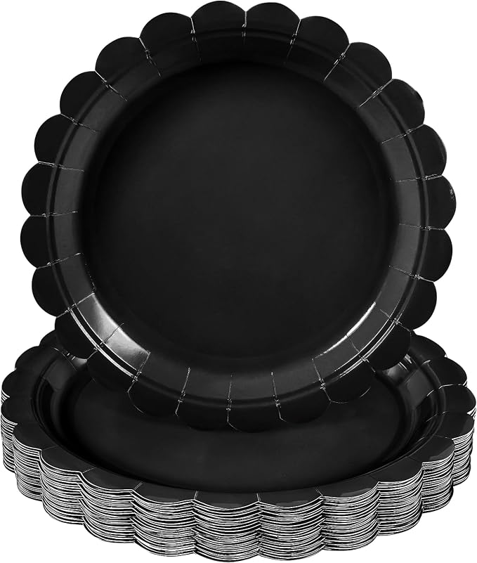 NatNarr 30 Pk Black Paper Plates 9" Disposable Scalloped Black Party Plates | by NatNarr