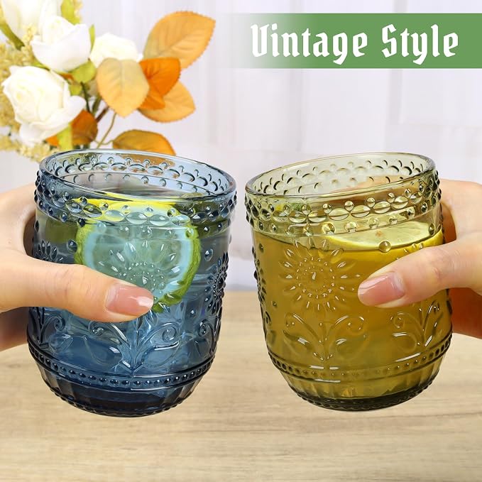 Topsky Vintage Drinking Glass Set of 4, 12 oz Embossed Floral Drinkware Set - Image 2